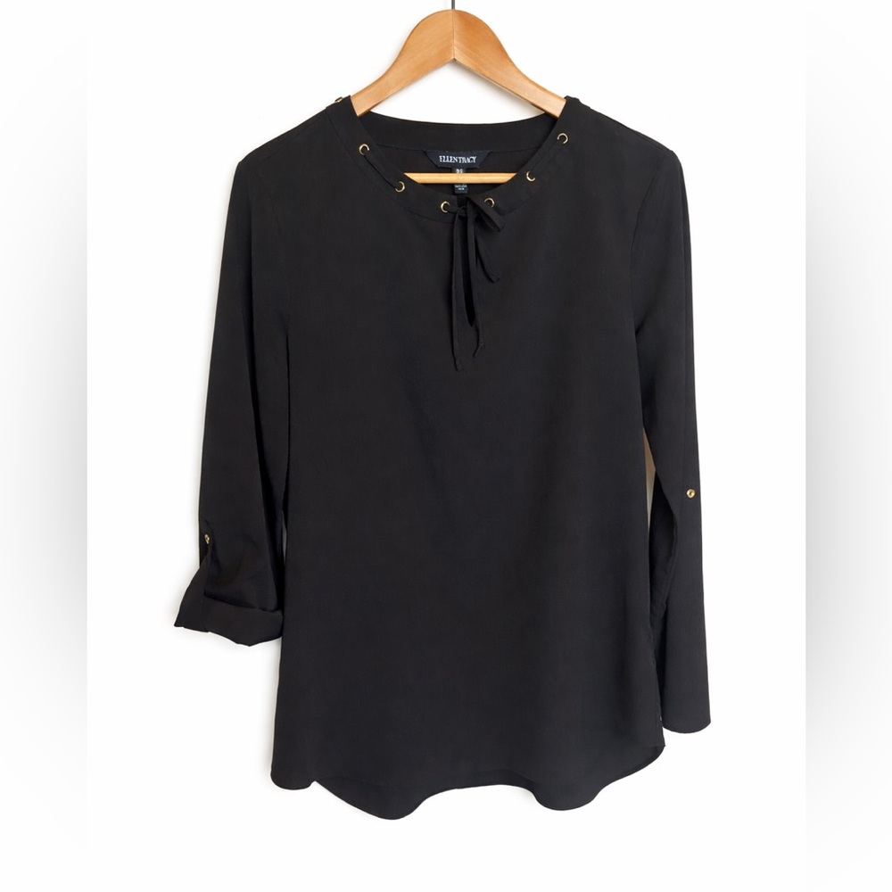 Ellen Tracy Black Lace-Up Neck Long Sleeve Blouse